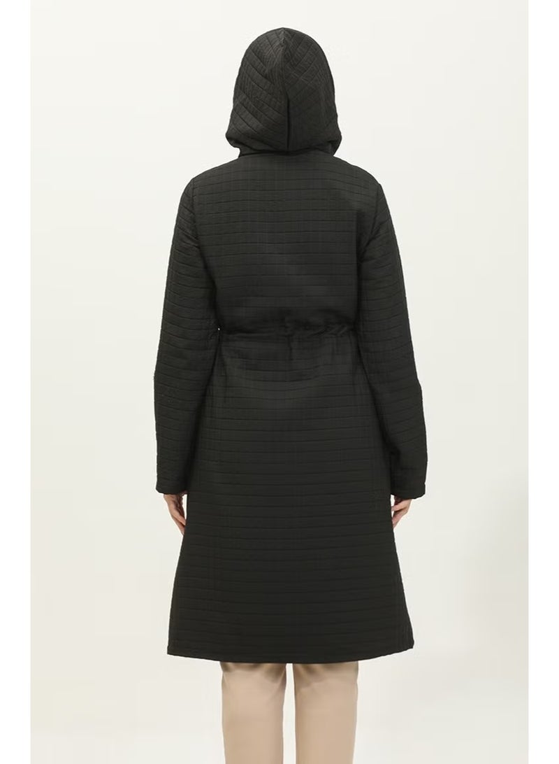 Sefa Merve Women's Hooded Drawstring Waist Cape - Black - Image 5